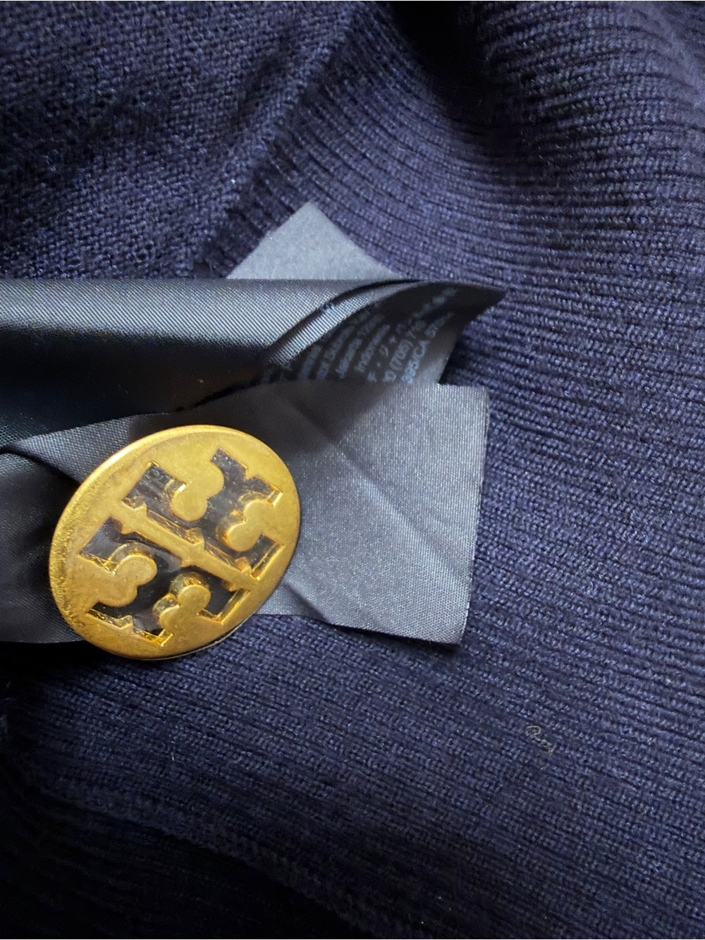 Tory Burch sz L Cardigan Sweater Merino Wool Gold Logo Buttons Dark Navy Blue - Picture 8 of 8